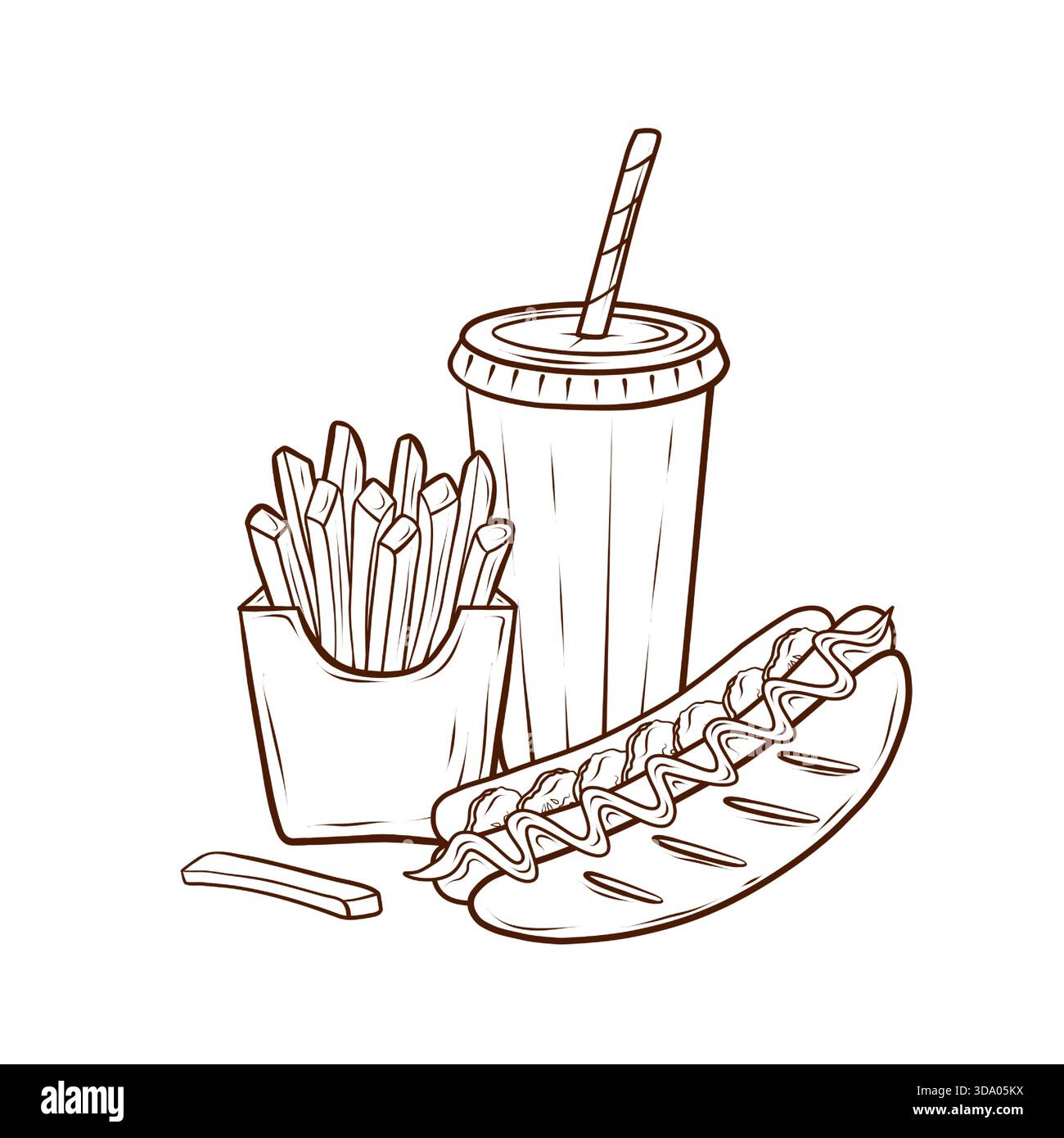 Composizione con hot dog, patatine fritte e soda, eseguita in stile incisione vettoriale con sottili contorni lineari. Elementi del fast food americano. Illustrazione Vettoriale