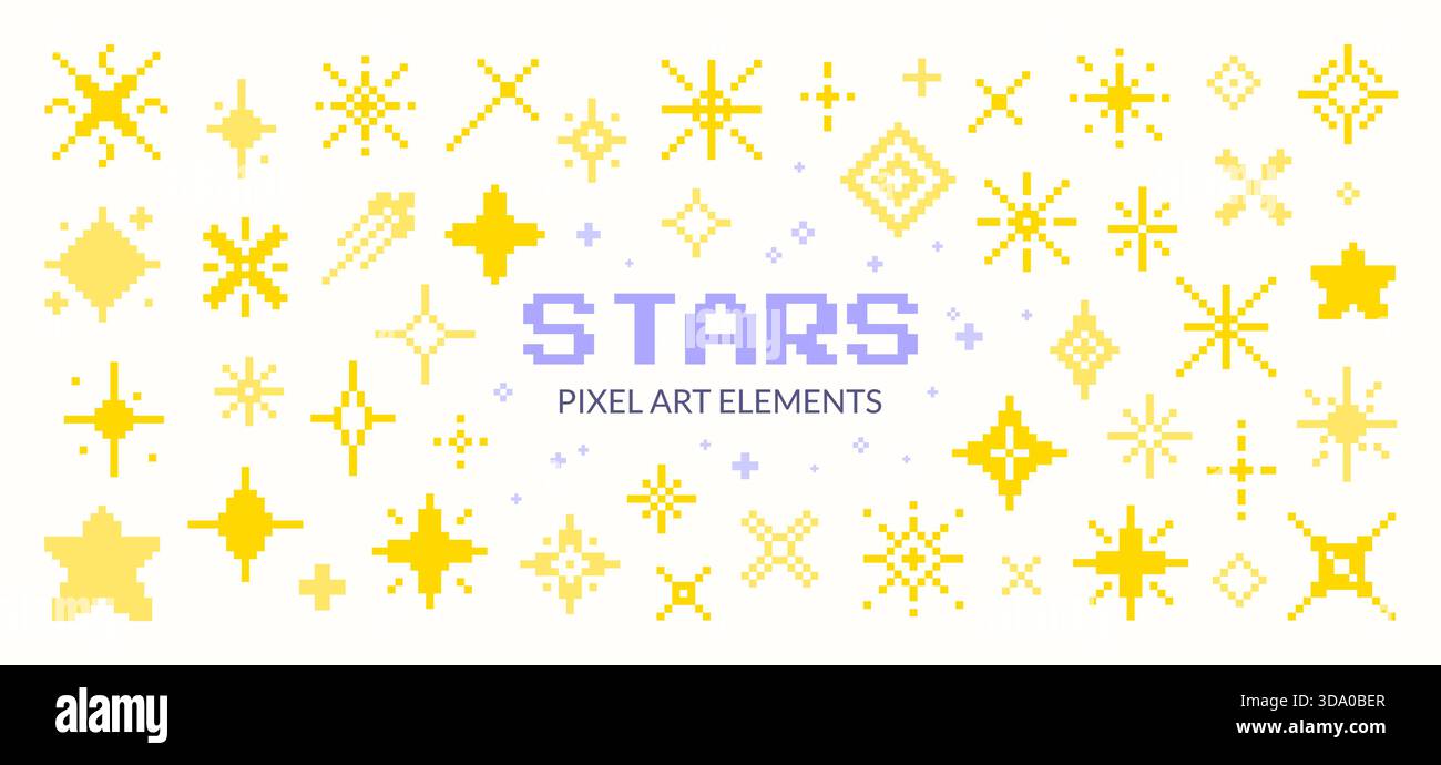 Stelle gialle Pixel Art. Set di ritagli artistici retro. Illustrazione Vettoriale