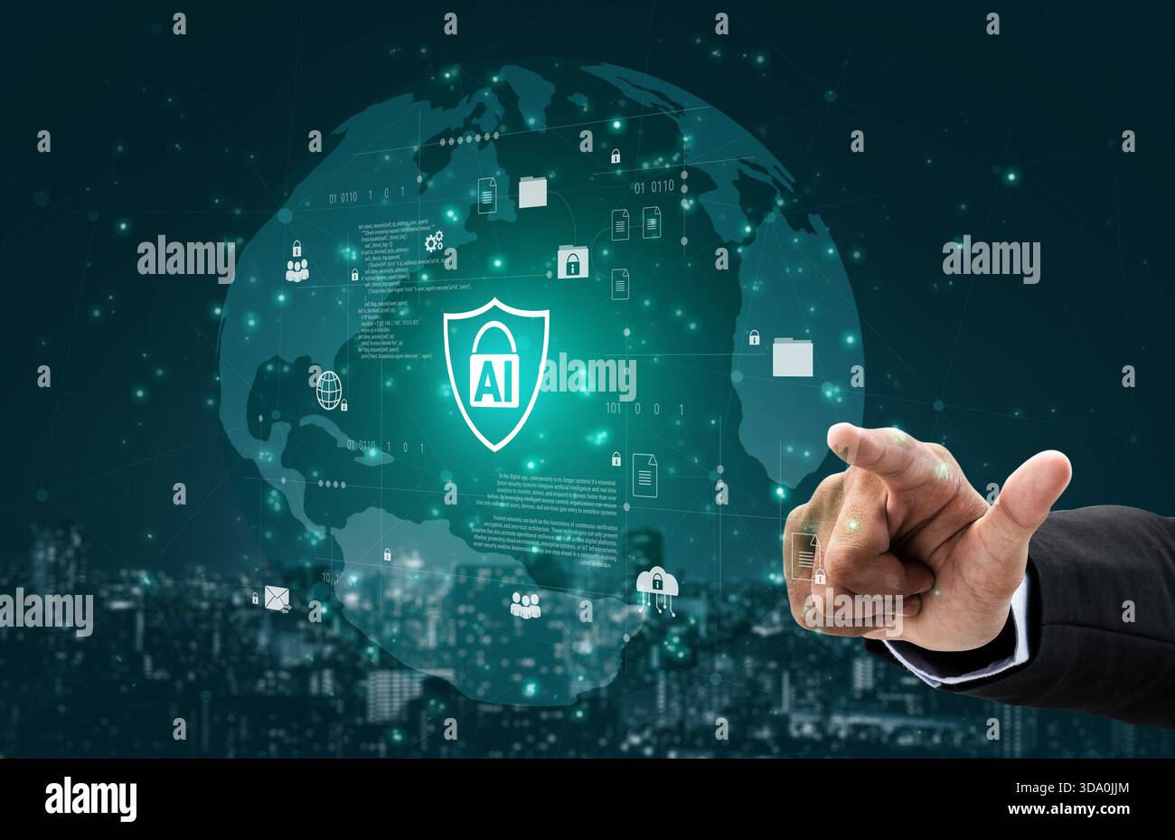 Il sistema di cibersicurezza AI protegge le risorse digitali attraverso il rilevamento intelligente, il controllo degli accessi e la prevenzione delle minacce, migliorando la sicurezza e la resilienza Foto Stock