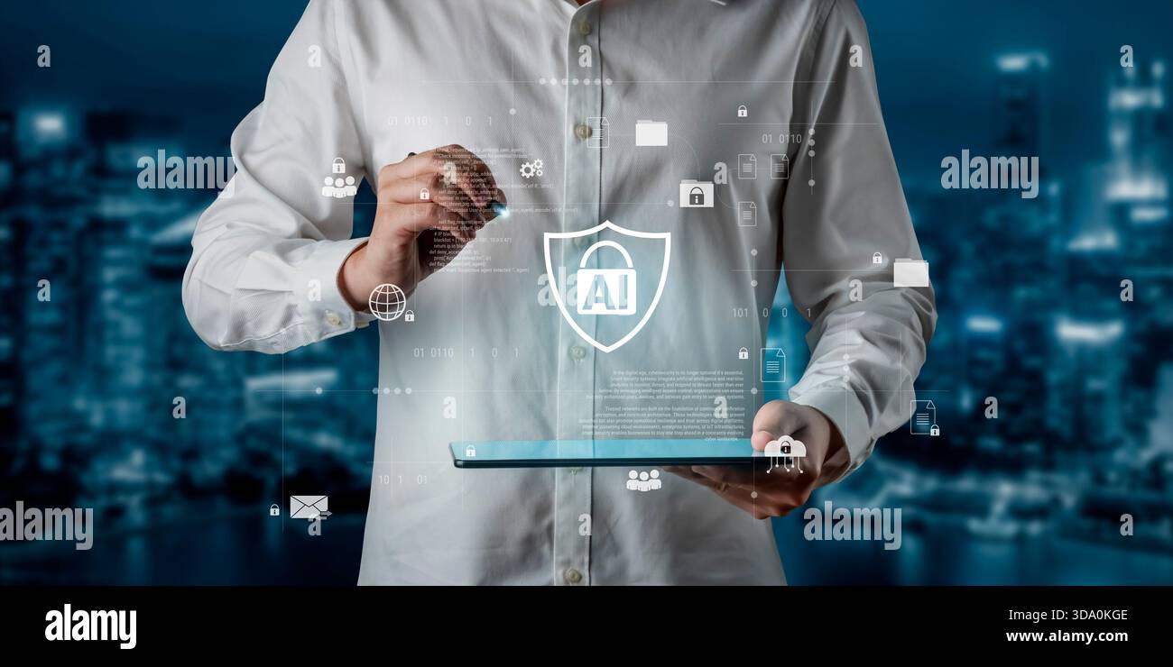 Il sistema di cibersicurezza AI protegge le risorse digitali attraverso il rilevamento intelligente, il controllo degli accessi e la prevenzione delle minacce, migliorando la sicurezza e la resilienza Foto Stock