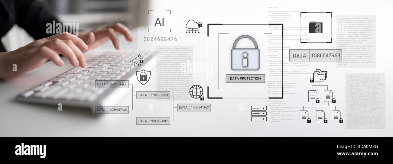Lucchetto digitale circondato da diagrammi di sicurezza dei dati che rappresentano crittografia, protezione della rete e analisi sicura della gestione delle informazioni Foto Stock
