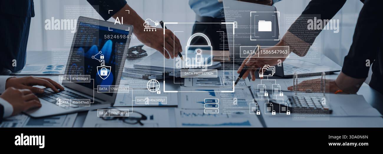 Lucchetto digitale circondato da diagrammi di sicurezza dei dati che rappresentano crittografia, protezione della rete e analisi sicura della gestione delle informazioni Foto Stock