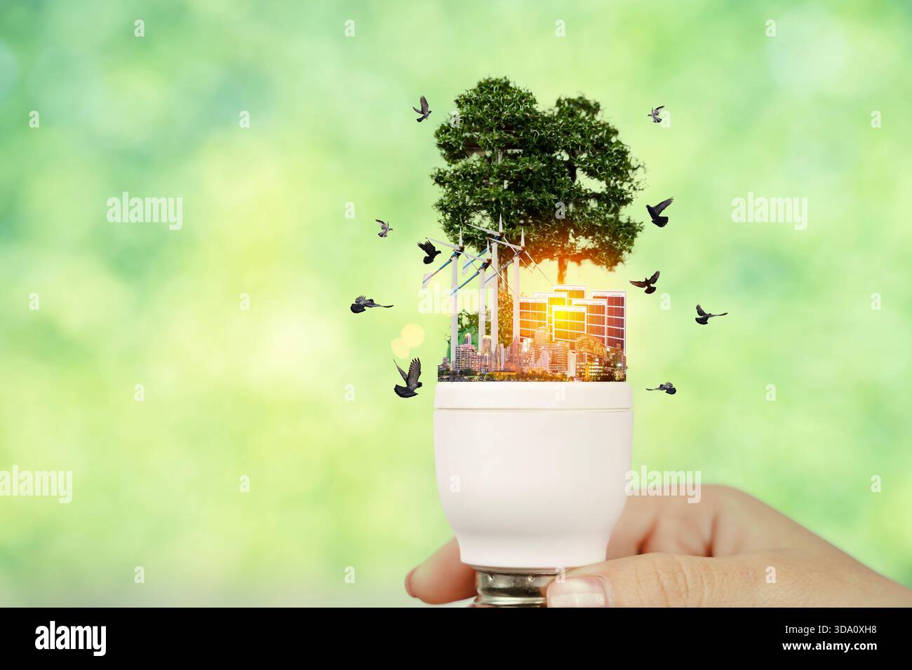Concetto creativo della città dentro lampadina con uccelli d'albero e turbine eoliche che rappresentano la sostenibilità delle energie rinnovabili sviluppo urbano ecologico Foto Stock