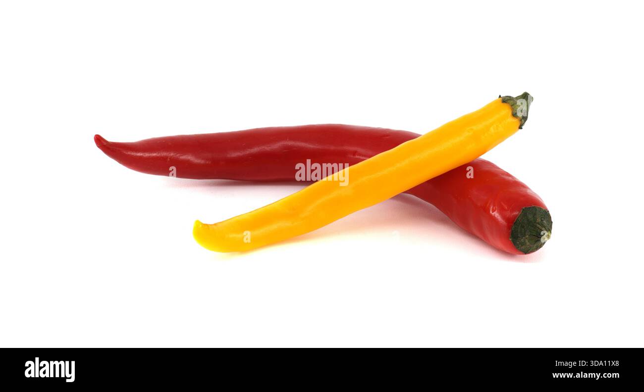 Due peperoncini, uno rosso vivace e l'altro giallo solare, si appoggiano su uno sfondo bianco, creando un contrasto visivo sorprendente che ne enfatizza il contenuto Foto Stock
