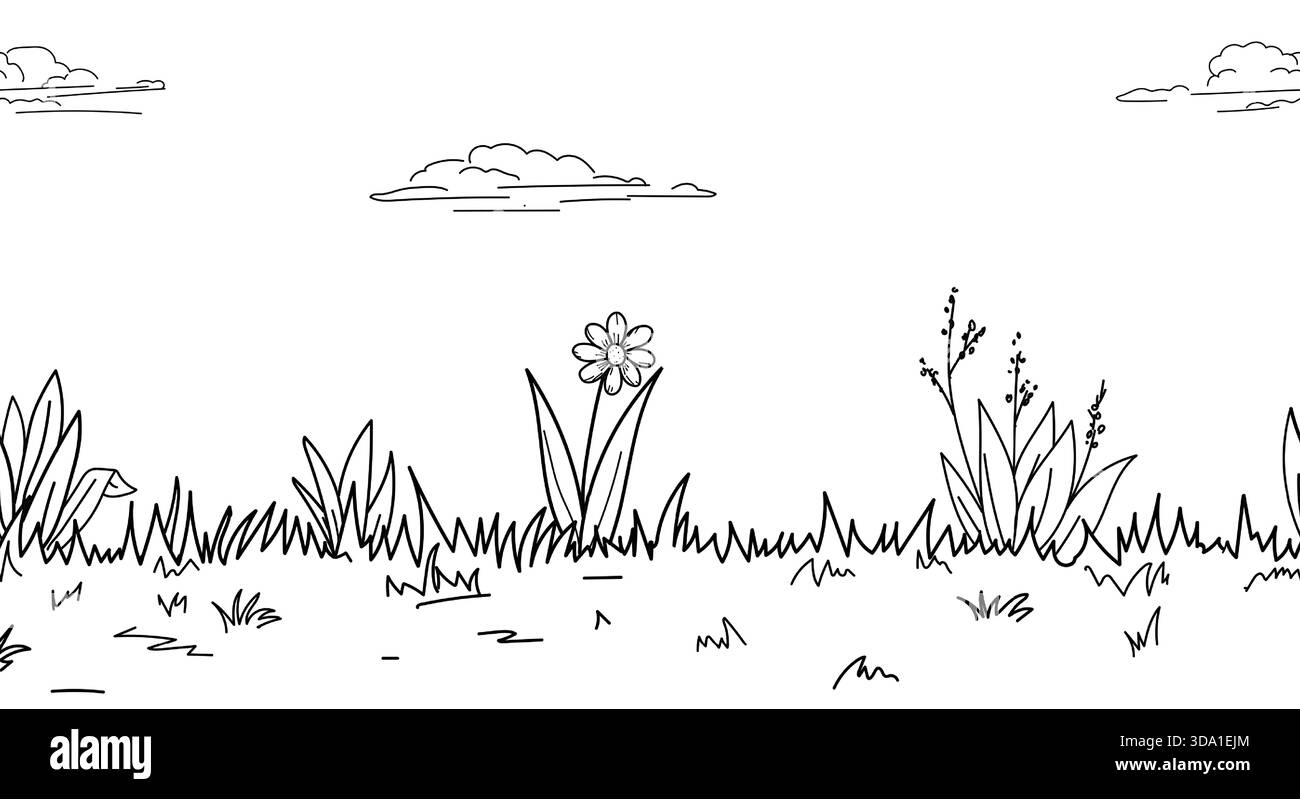 Fiori e cespugli, nuvole su un campo di erba primaverile. Illustrazione vettoriale. Panorama della natura con prato e parco paesaggistico con motivo senza cuciture Illustrazione Vettoriale