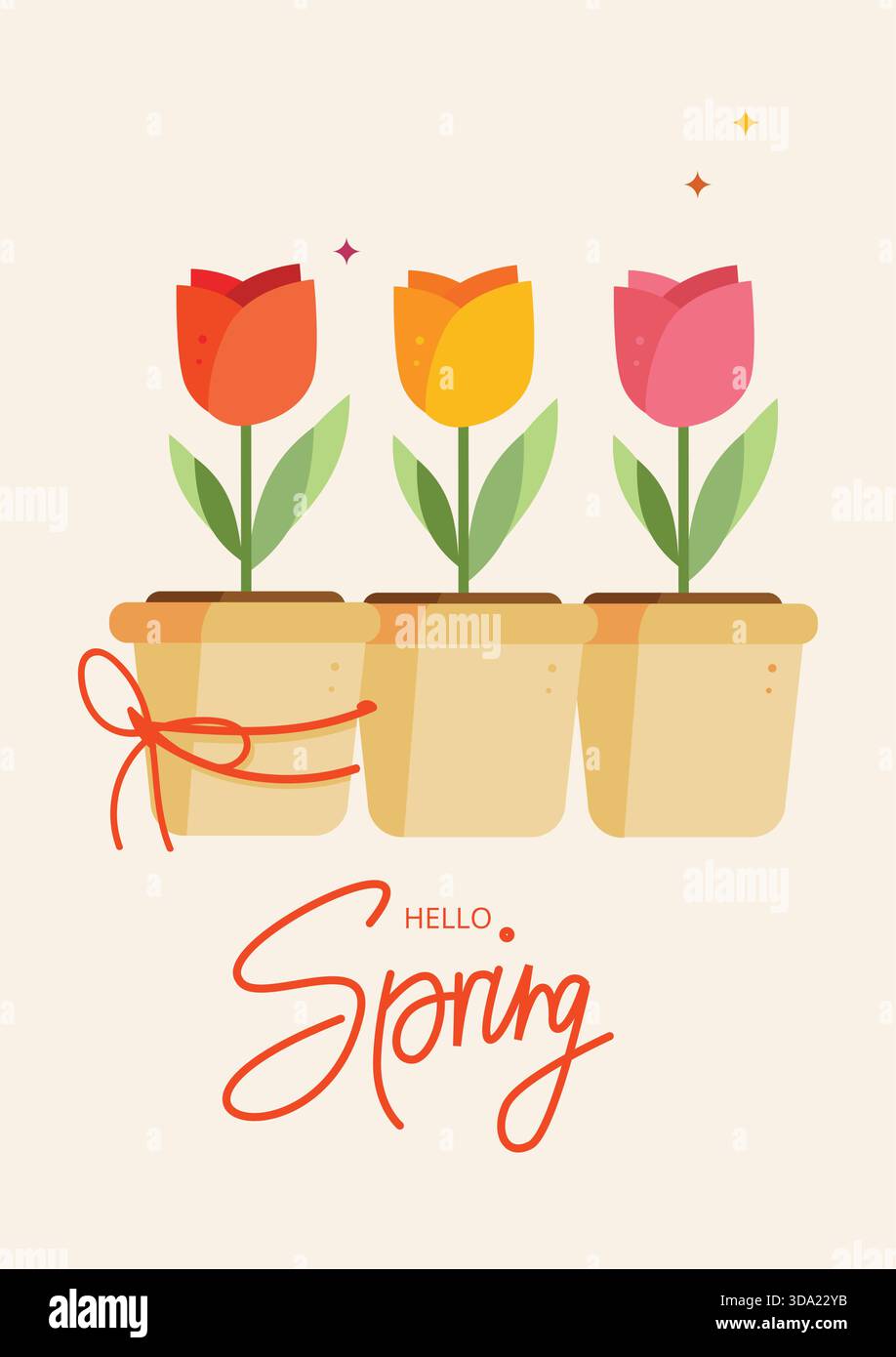 Tre tulipani rossi, gialli e rosa in pentole con un nastro rosso e il testo "Hello Spring" qui sotto. Allegra illustrazione vettoriale stagionale per la primavera Illustrazione Vettoriale