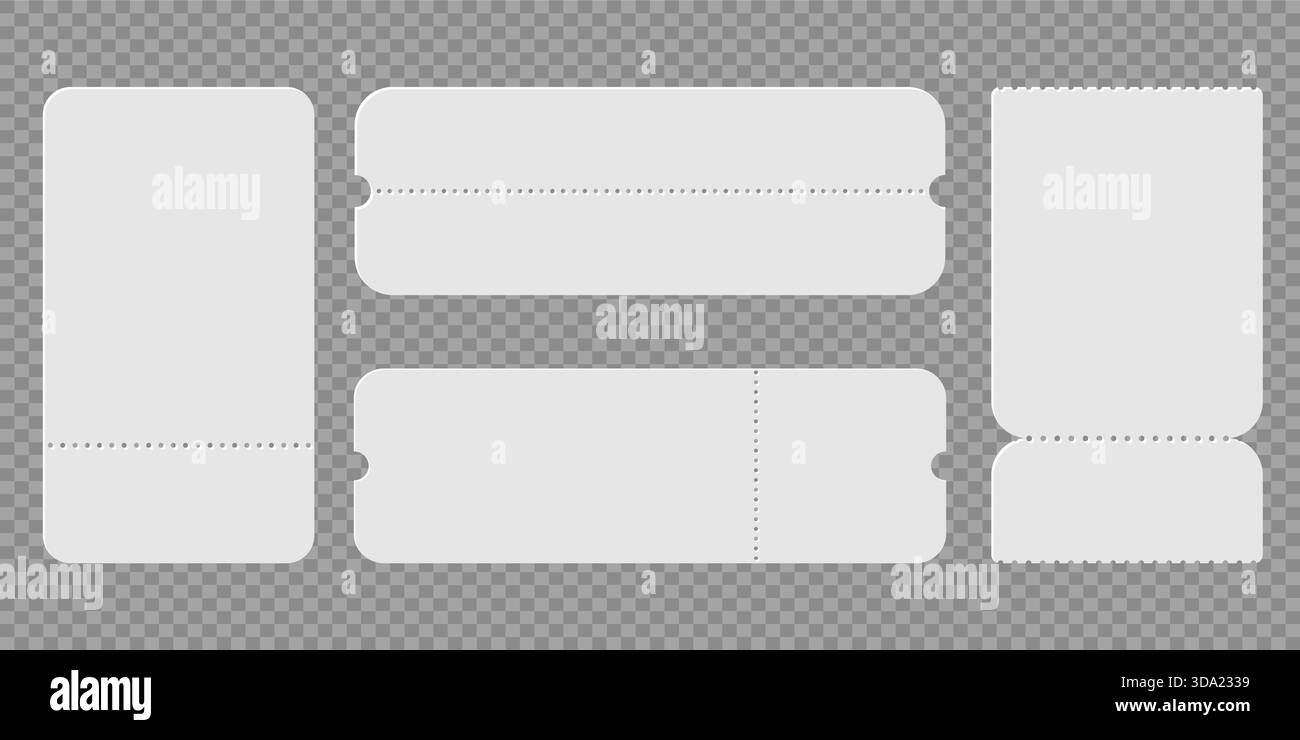 Set di forme di biglietti vuote con bordi perforati in diverse dimensioni, modelli di coupon vuoti per pass eventi, carte della lotteria e utilizzo della progettazione della lotteria Illustrazione Vettoriale