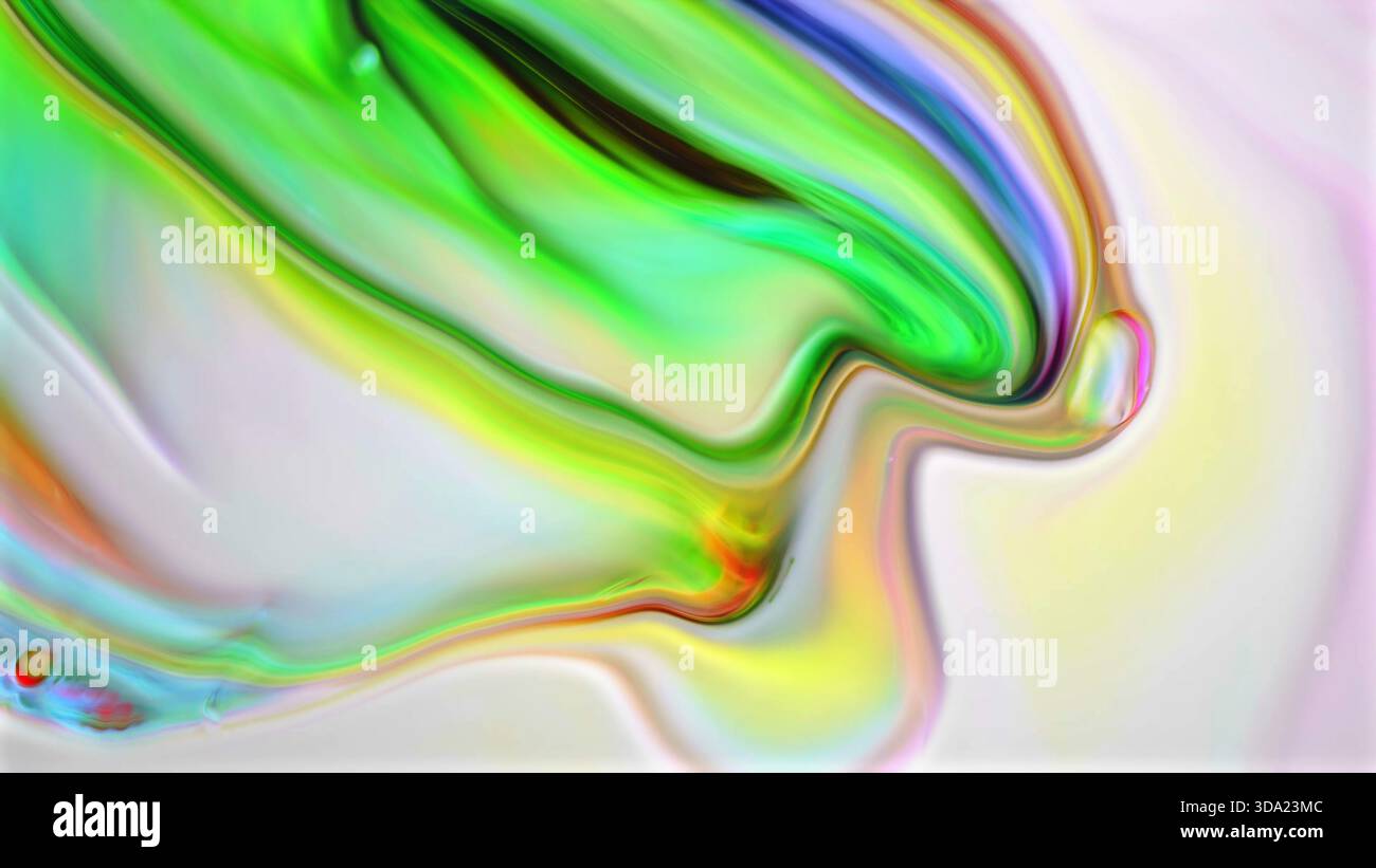 Fusione astratta vorticosa di verde, giallo, viola e rosso su bianco Foto Stock