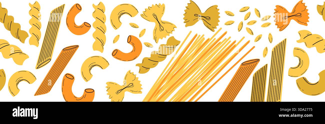 Pasta senza cuciture. Vari tipi di tagliatelle. Sfondo con pasta diversa. Farfalle, penne, spaghetti, maccheroni, orzo e fusilli. Cucina italiana Illustrazione Vettoriale