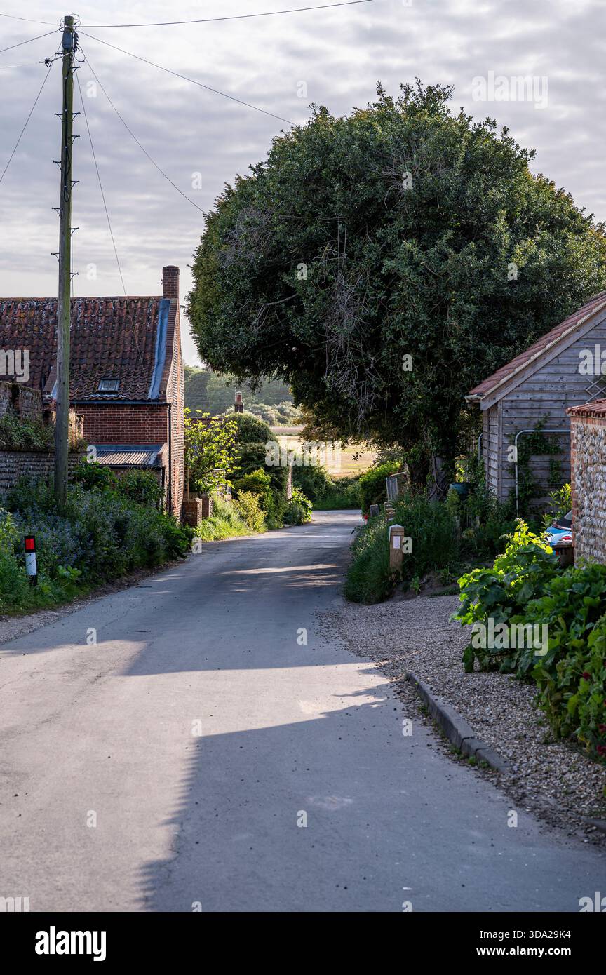 Strada di campagna fuori da Cley, nessuna gente, ora dell'estate Foto Stock