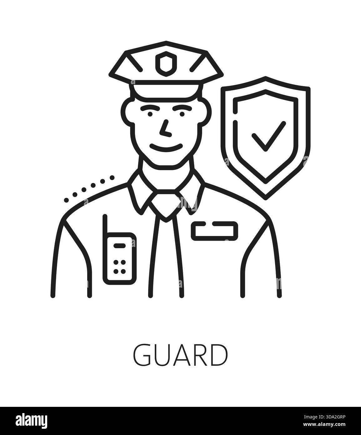 Icona o simbolo della linea di sicurezza domestica di protezione. Schema di protezione degli edifici pittogramma vettoriale, firma della società di sicurezza domestica. Icona di sicurezza della proprietà o simbolo della linea di allarme della casa con personaggio poliziotto Illustrazione Vettoriale