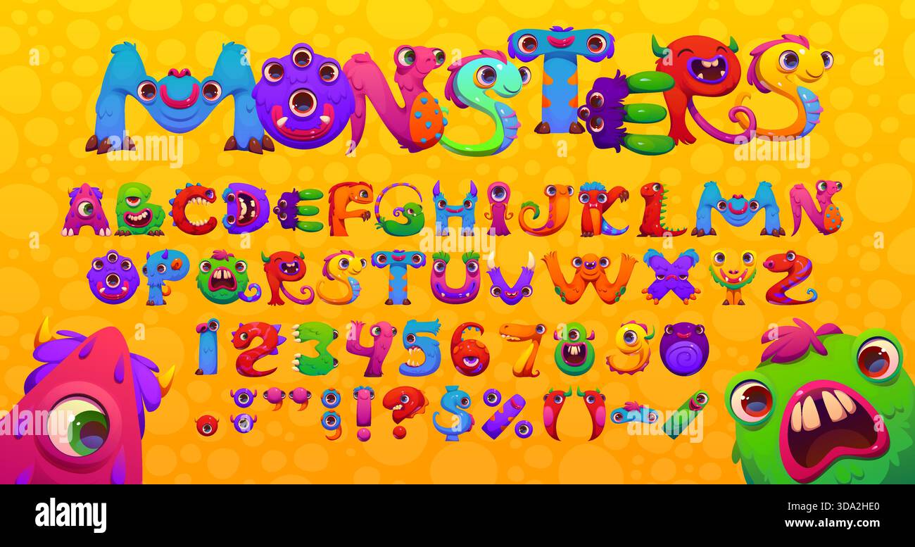 Font Bugaboo dei mostri e caratteri bogle, alfabeto dello spaventapasseri, tipo vettoriale. I bambini dei cartoni animati hanno personaggi buffi e spaventosi in creature bugaboo, snelliti e orchi con artigli e zanne Illustrazione Vettoriale