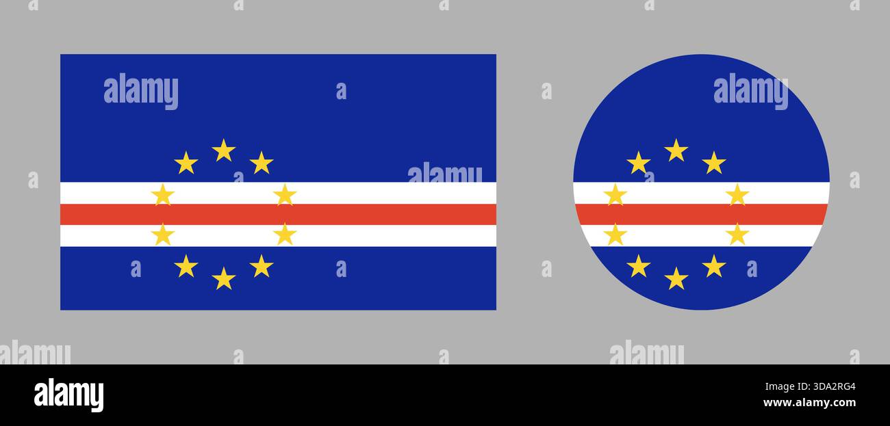 Bandiera di Capo Verde, icone rettangolari e rotonde. Modello di segno nazionale. Simboli circolari, rettangolari. Pulsante bandiera, banner, badge. Colore standard. Illustrazione Vettoriale