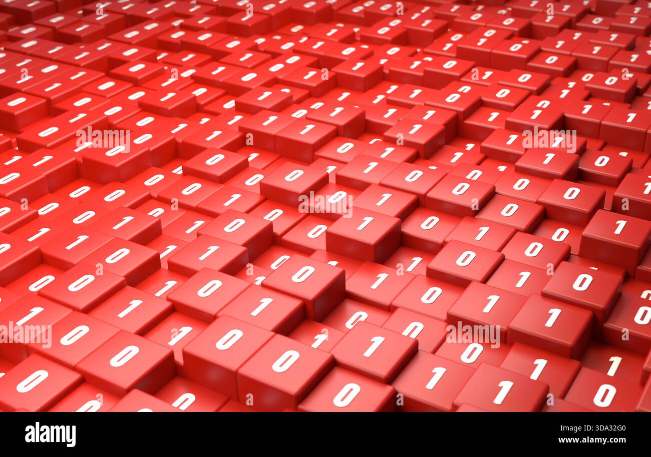 Cubi rossi astratti con codice binario, tecnologia, big data. Cubi rossi astratti con codice binario, tecnologia, big data. Apprendimento automatico, ai, intelligenza artificiale, scienza, codice, cifratura, uno e zero. Illustrazione 3D img Technology 084s08 binary code symbol Foto Stock