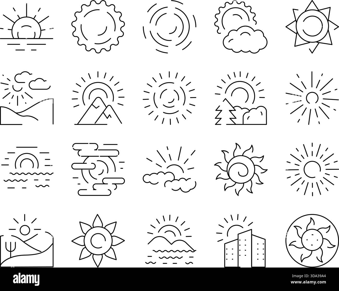 Raccolta vettoriale delle icone delle linee solari e di impostazione Illustrazione Vettoriale