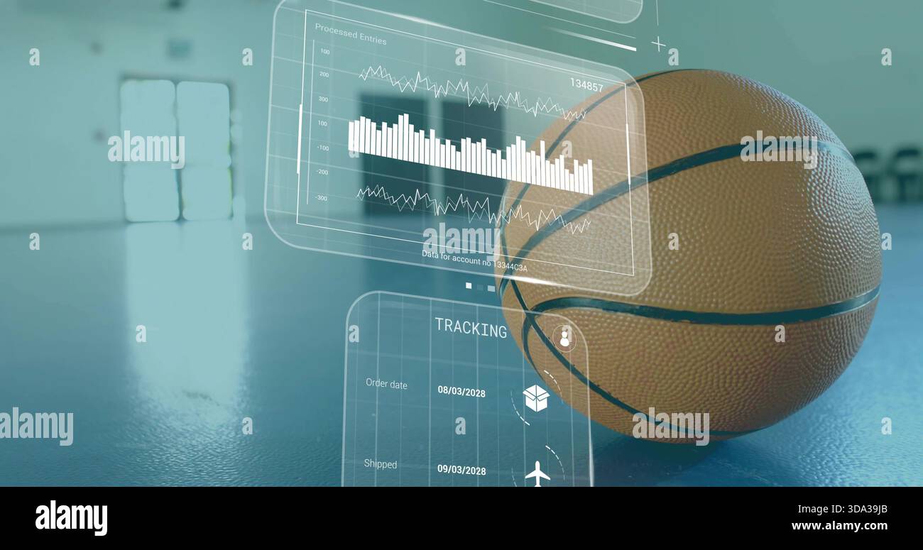 Pallacanestro seduto che mostra la grana di ciottoli su un campo blu lucido con pannelli olografici e spazio copia Foto Stock