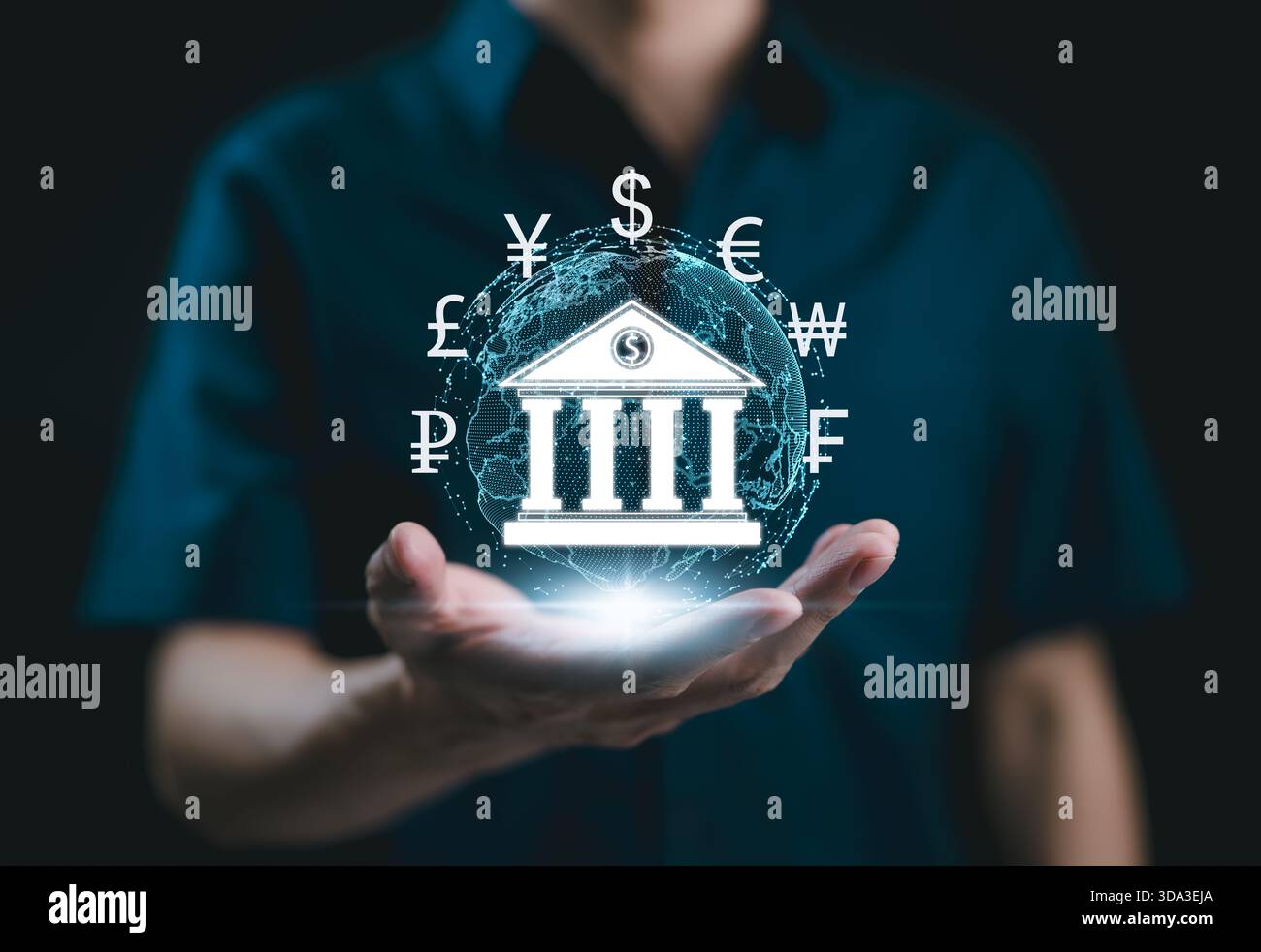 Digital Banking e Global Financial Technology. L'icona della banca digitale ha vari simboli valutari, che simboleggiano il digital banking e la finanza globale Foto Stock