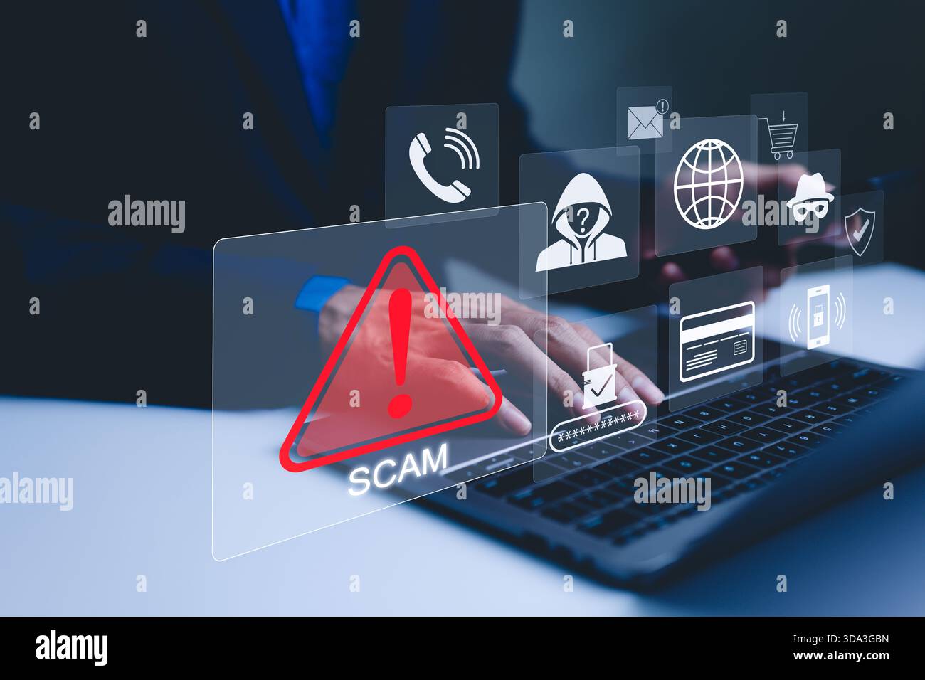 Avviso di truffa con icone di cibersicurezza. Una persona che utilizza un notebook, cartello di avvertimento per truffe con icone che rappresentano minacce online, phishing e cyber Foto Stock