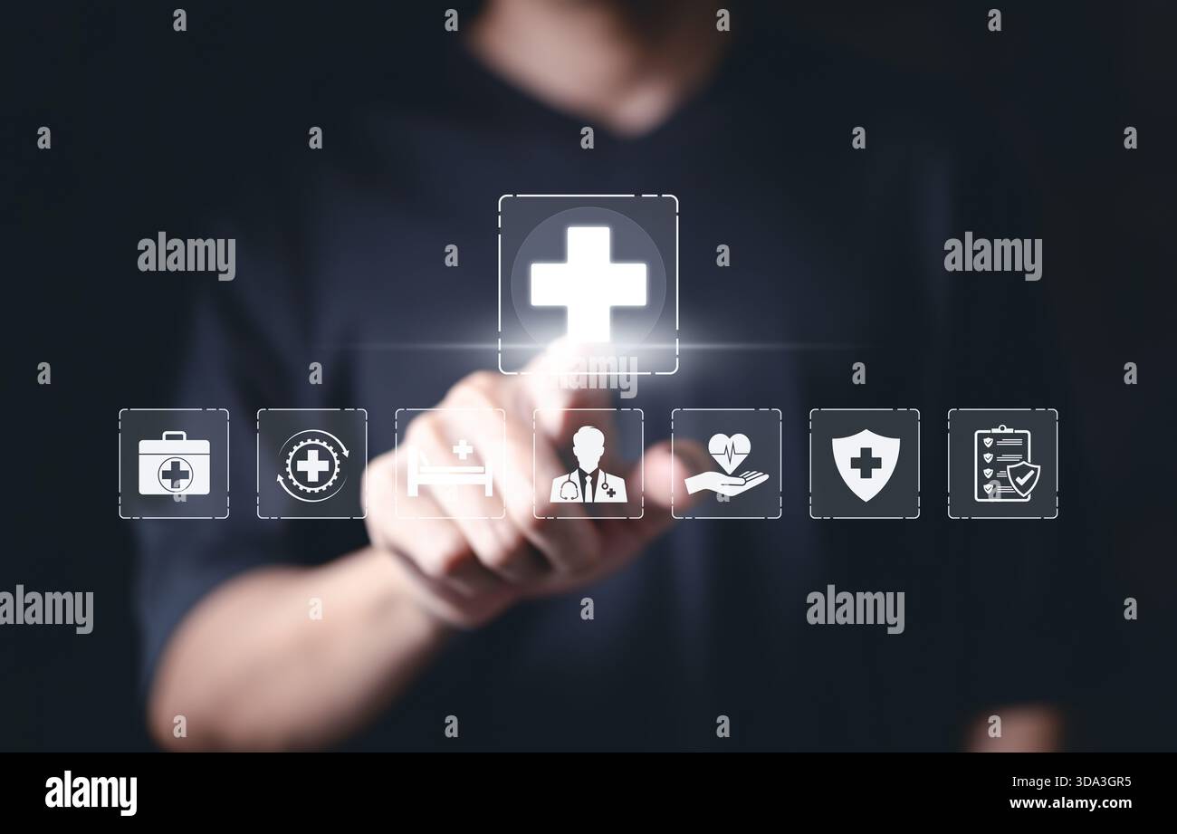 Concetto di assicurazione sanitaria e medica. L'icona della salute con simboli medici rappresenta l'assistenza sanitaria, l'assicurazione e i servizi medici. tecnologia sanitaria a. Foto Stock