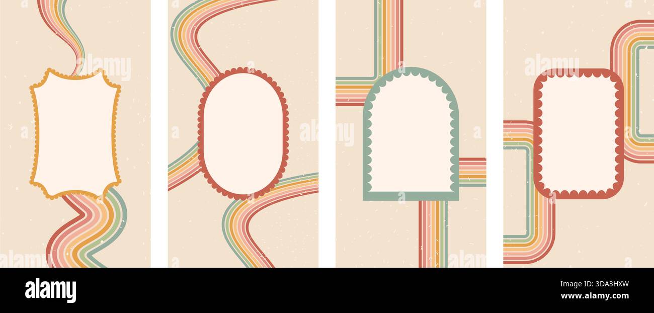 Cornici a capesante ellisse, arco, rettangolo su sfondo a strisce ondulate arcobaleno. Bordi ondulati modelli geometrici per scarabocchi. Bordi dell'arco d'onda. Poster invita Illustrazione Vettoriale