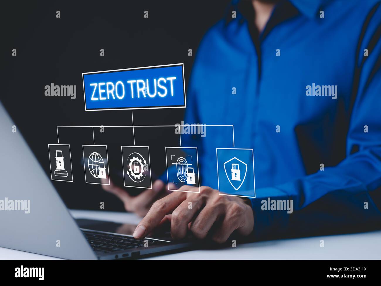 Concetto di sicurezza zero trust e protezione informatica. Un uomo d'affari utilizza un computer portatile con icone di sicurezza "Zero Trust", misure avanzate di sicurezza informatica, Foto Stock