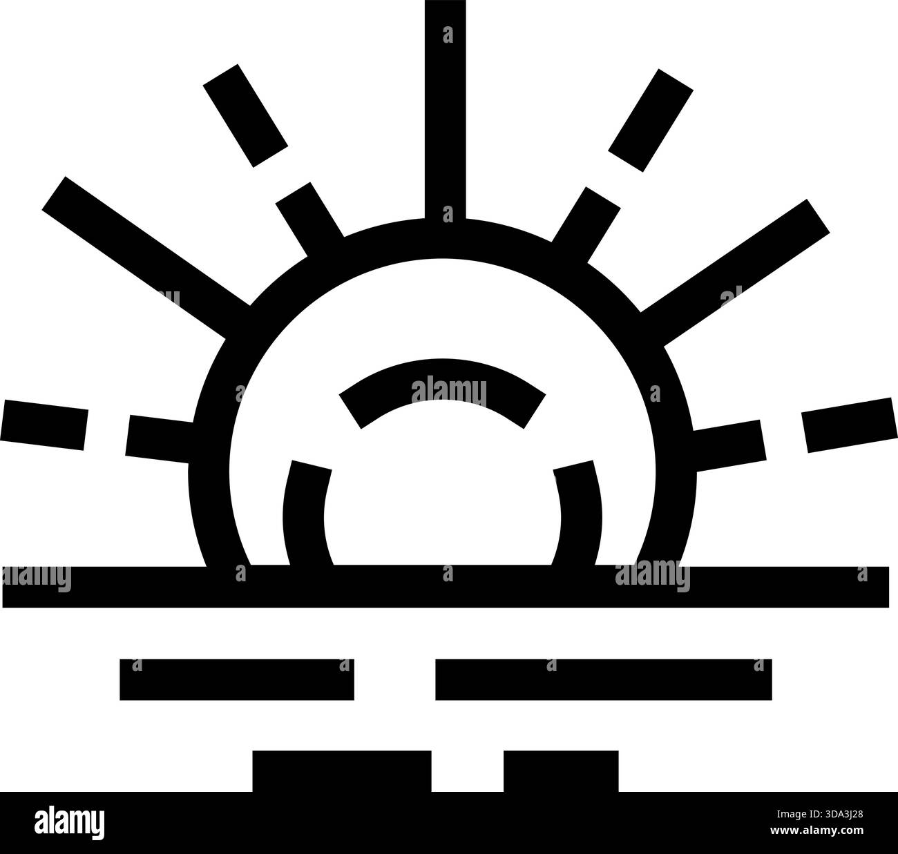 Icona del sole che sorge o che tramonta sull'orizzonte Illustrazione Vettoriale