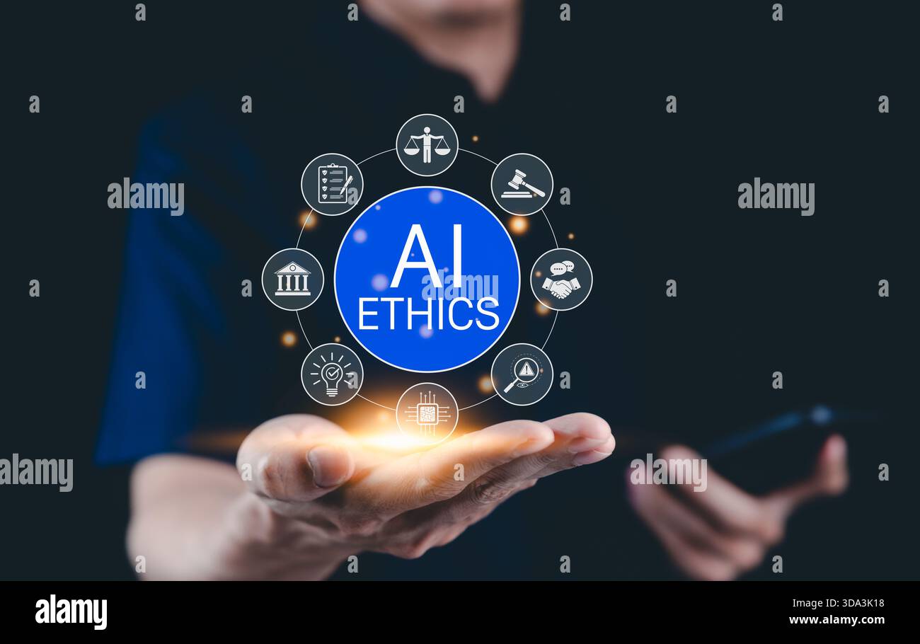 Etica e legge DELL'INTELLIGENZA artificiale nella governance dell'intelligenza artificiale. Icone relative all'etica dell'intelligenza artificiale, simboli di scale legali, sicurezza e responsabilità globale. eta Foto Stock