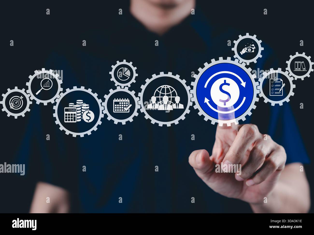 Concetto di sistema finanziario automatizzato. Automazione con ingranaggi interconnessi con vari simboli finanziari, tra cui un'icona del dollaro, grafici e anche Foto Stock