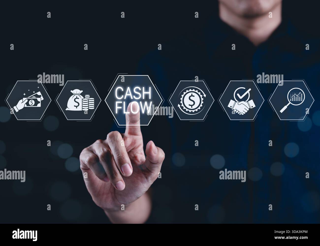 Concetto di gestione del flusso di cassa e crescita finanziaria. L'uomo d'affari interagisce con l'interfaccia del flusso di cassa, gli investimenti e la crescita aziendale. operazioni, Foto Stock