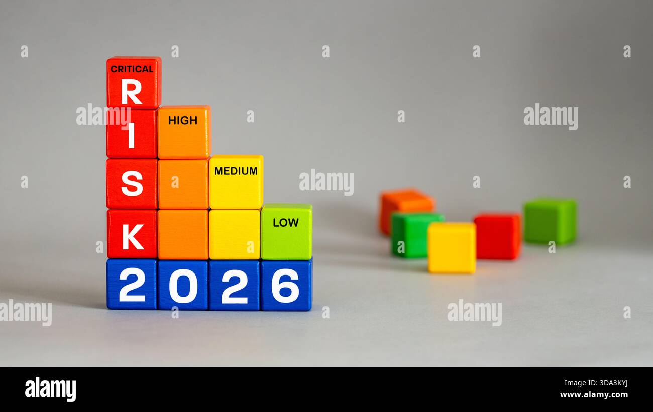 Rischi nel 2026. Concetto finanziario. Crisi globale. Livello di rischio e dati 2026. livello. Analisi e strategia della gestione dei rischi aziendali. Chiudere, fotocopie spa Foto Stock