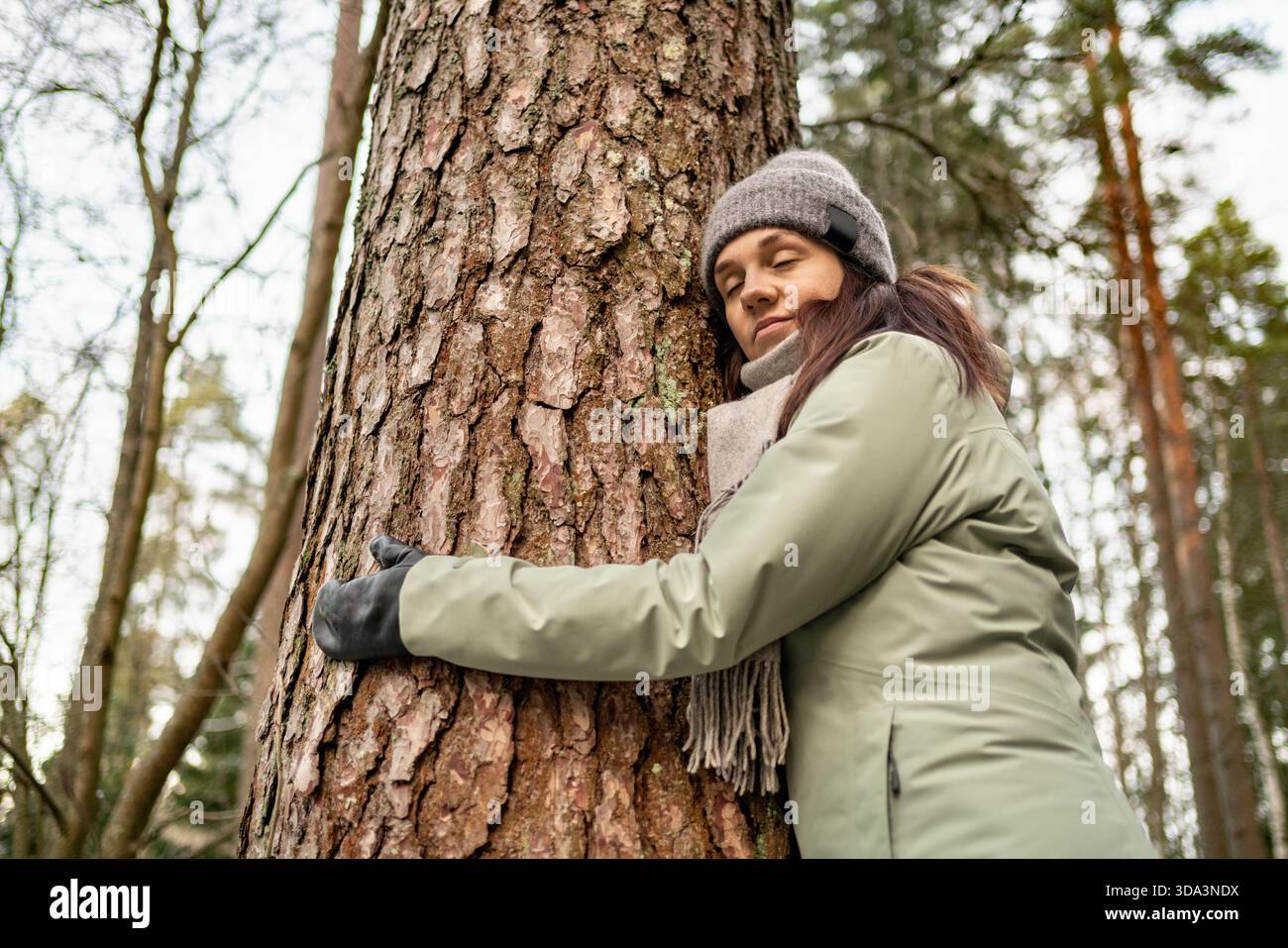Donna che abbraccia l'albero. Ama la natura e la terra. Foresta invernale. Meditazione cosciente. Consapevolezza e messa a terra. Calma la salute mentale zen. Energia all'aperto. Foto Stock