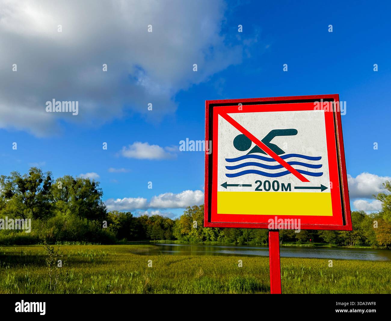 Cartello vietato nuotare e icona non nuotare vicino alla riva del lago Foto Stock