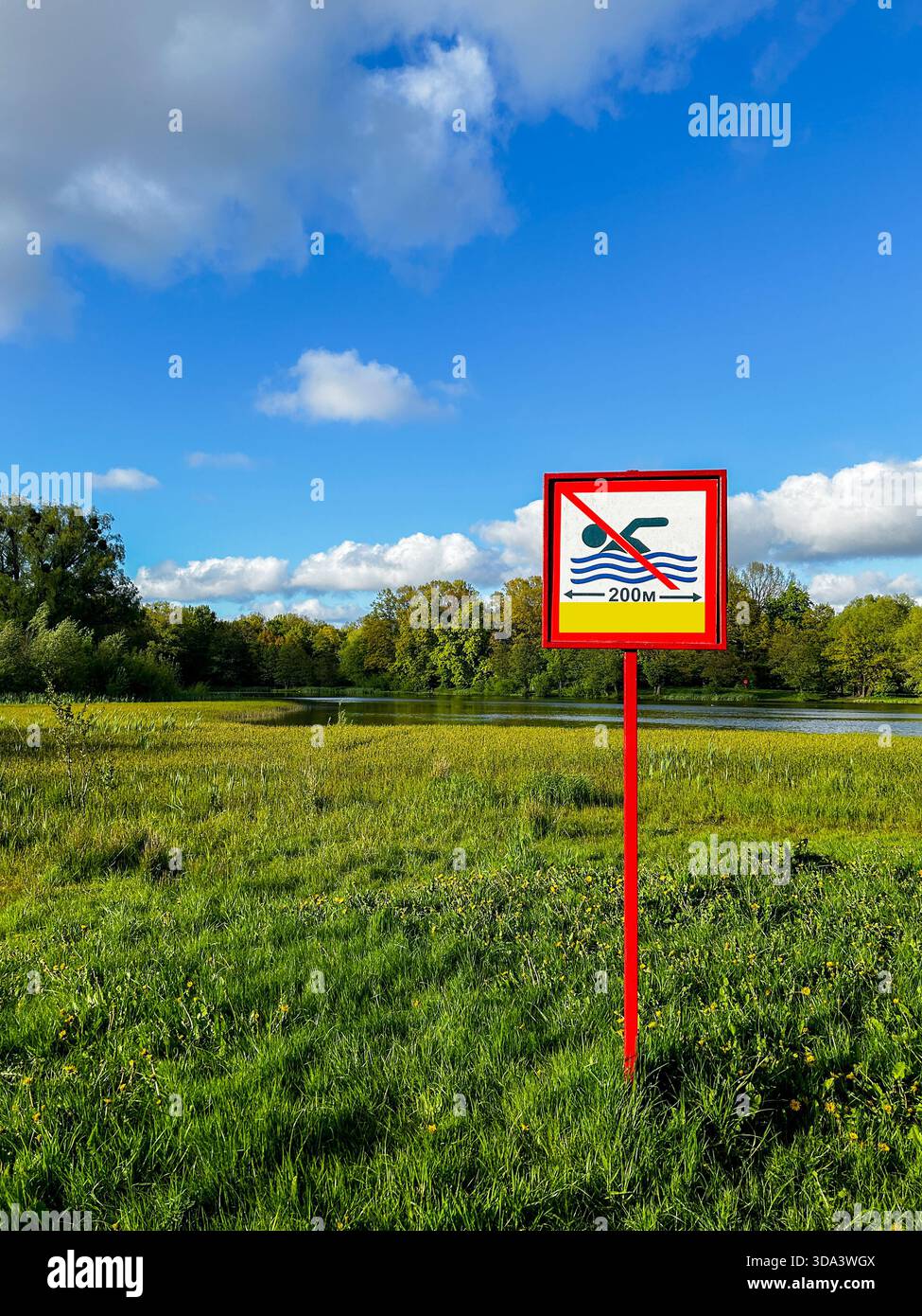 L'insegna sulla riva del lago è proibita di nuotare in un giorno d'estate. Puntatore che non si può nuotare qui acqua sporca Foto Stock