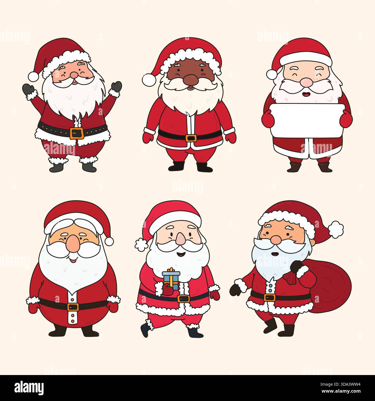 Set di cartoni di Natale di Babbo Natale. Le graziose clausole di Babbo Natale si presentano in diverse pose con regalo, borsa, Placard, sventolando, sorridendo. Illustrazione Vettoriale