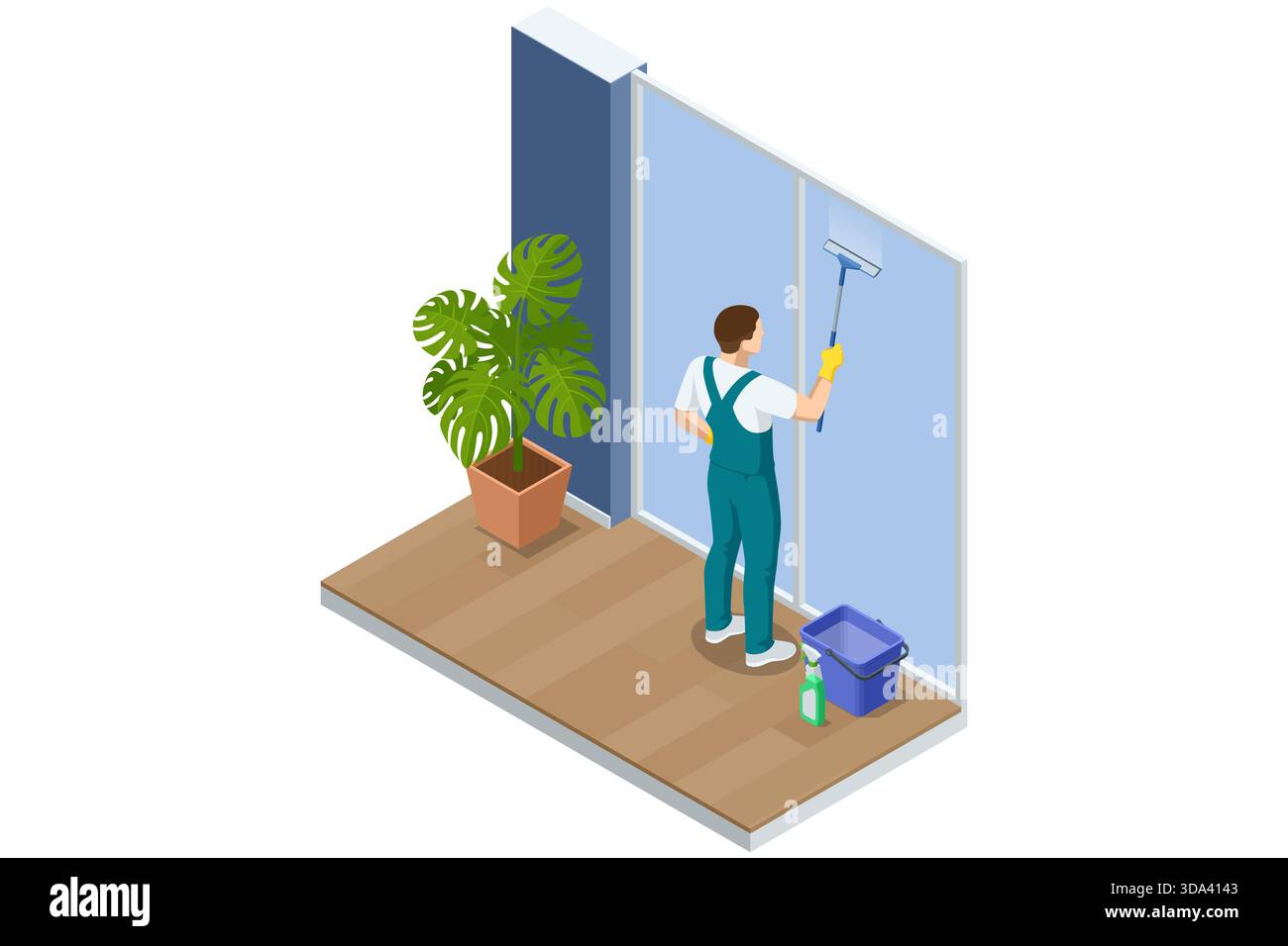 Scena isometrica di un detergente professionale che lava una grande finestra con un tergivetro. Un impianto si trova nelle vicinanze, con attrezzi per la pulizia e secchio sul pavimento Illustrazione Vettoriale