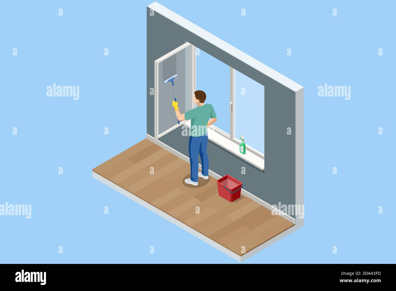 Illustrazione isometrica di un uomo che lava una finestra con una spatola in un interno moderno. Attrezzi per la pulizia, flacone spray e secchio posizionati nelle vicinanze. Casa Illustrazione Vettoriale