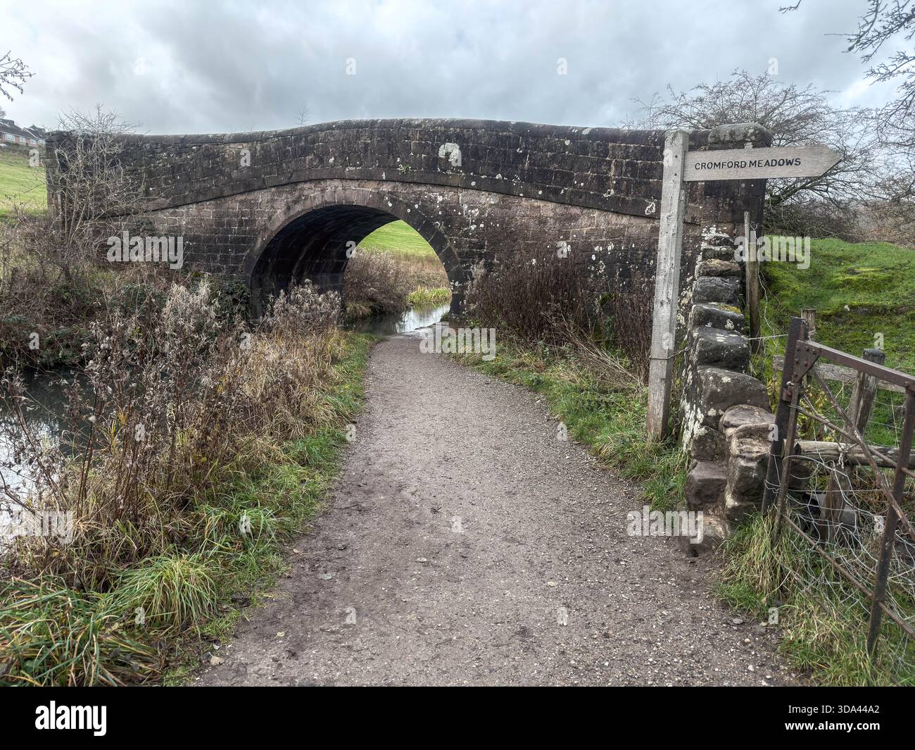Ponti e passerelle dipinte lungo il Towpath del Cromford Canal fino all'High Peak Junction Aquaduct Cottage.Derrbyshire - Immagine stock catturata con smartphone