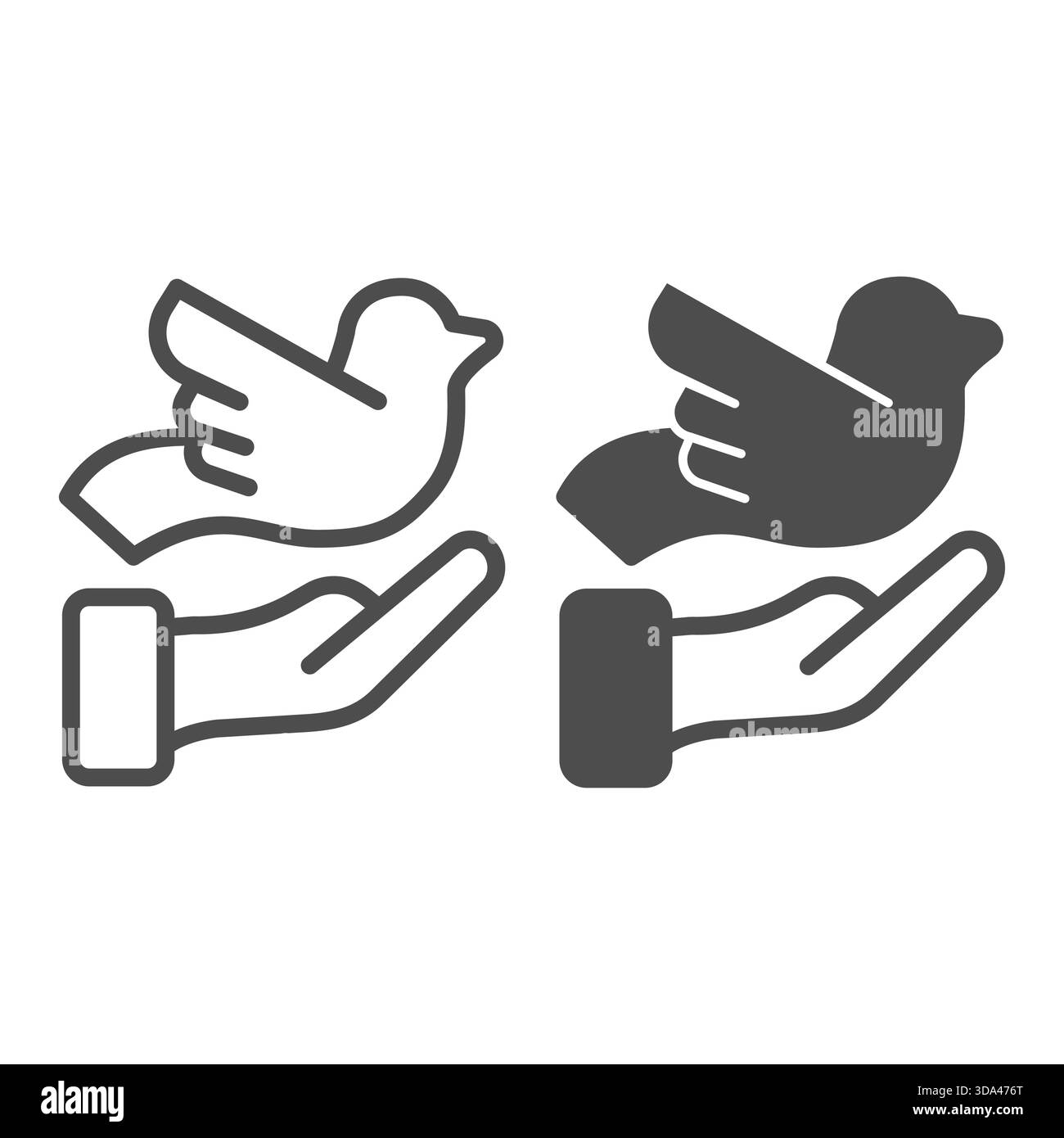 Pigeon e Help Hand Line, icona solida, concetto di beneficenza. Grafica vettoriale. Mano con uccello colomba, segno di pace su sfondo bianco, icona stile contorno Illustrazione Vettoriale
