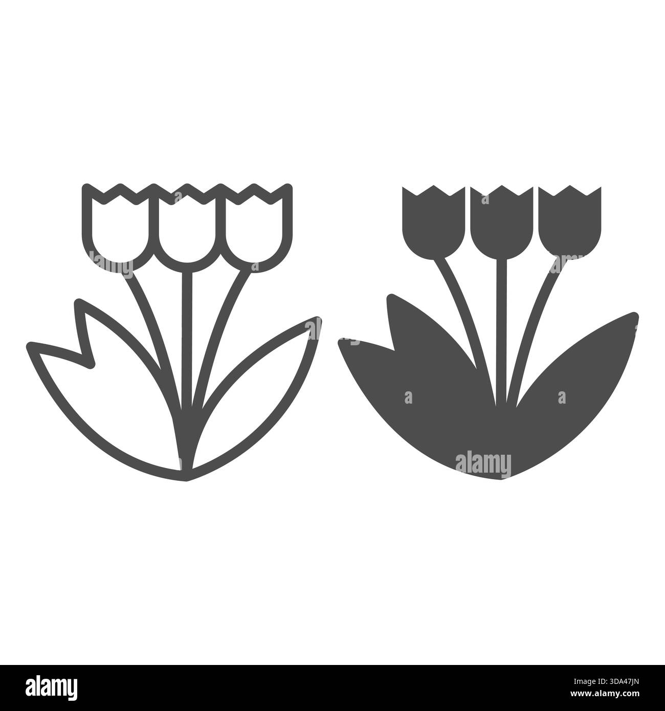 Linea a tre tulipani e icona a tinta unita, concept primaverile. Grafica vettoriale. Mazzo di fiori di tulipani, insegna da giardinaggio su sfondo bianco, icona stile contorno Illustrazione Vettoriale