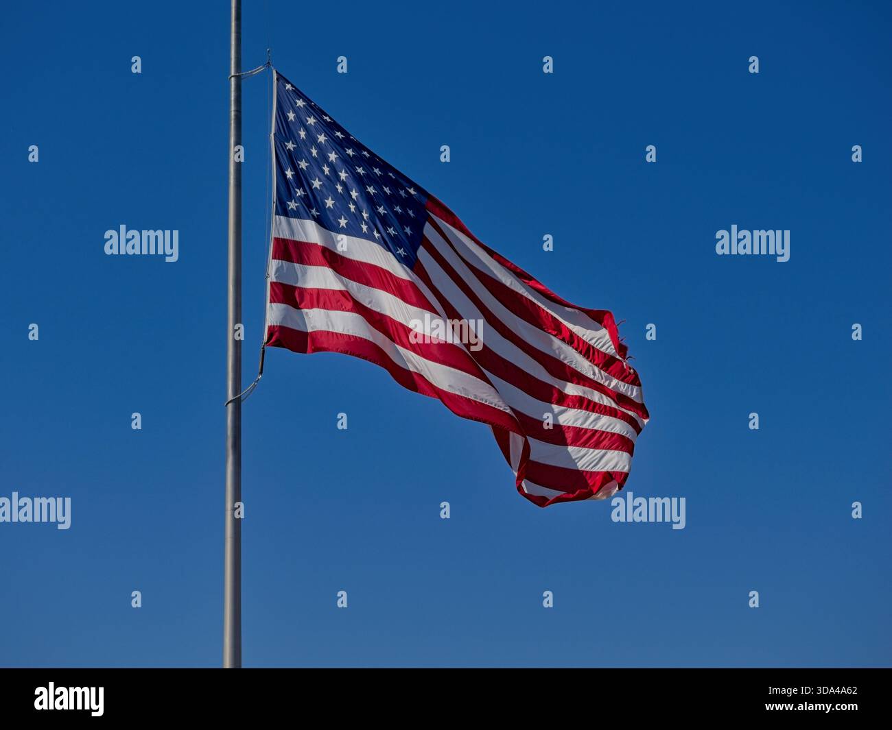 Bandiera americana che sventolava nel vento, si è imposta contro il cielo blu Foto Stock