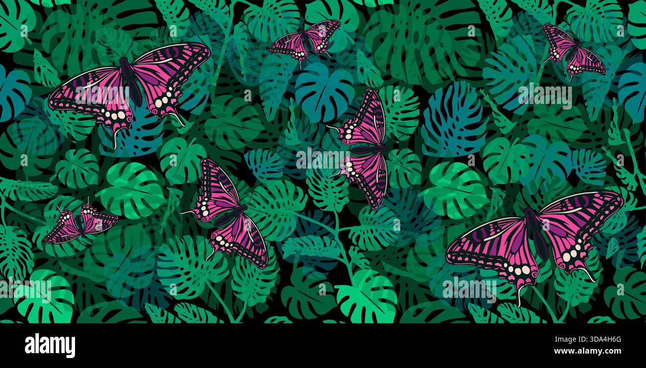 Astratto minimo di foglie di monstera pianta su sfondo scuro con farfalle. Moderna illustrazione vettoriale in stile grafico a linee continue. Botanico Illustrazione Vettoriale