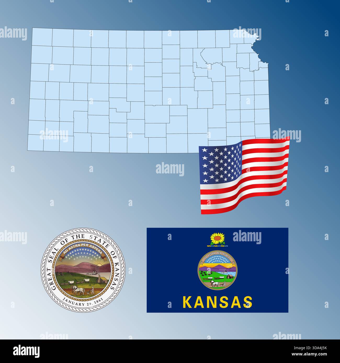 Kansas Stato federale americano che sventola bandiera, sigillo e mappa, Stati Uniti, illustrazione vettoriale Illustrazione Vettoriale
