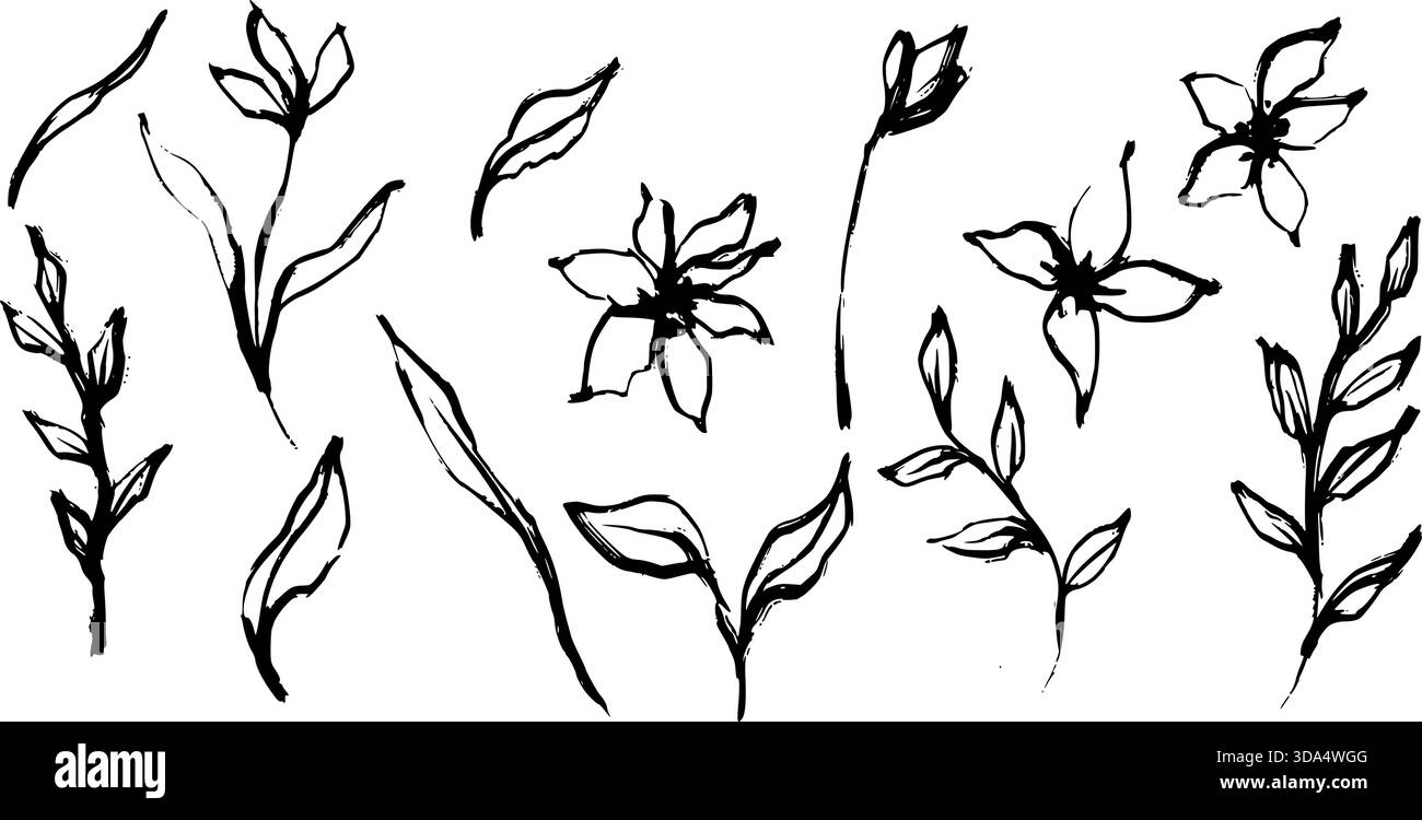 I fiori vettoriali cinesi disegnati a mano mostrano un'arte astratta della linea floreale in stile nero con tavolozza monocromatica per la stampa di decorazioni su invito Illustrazione Vettoriale