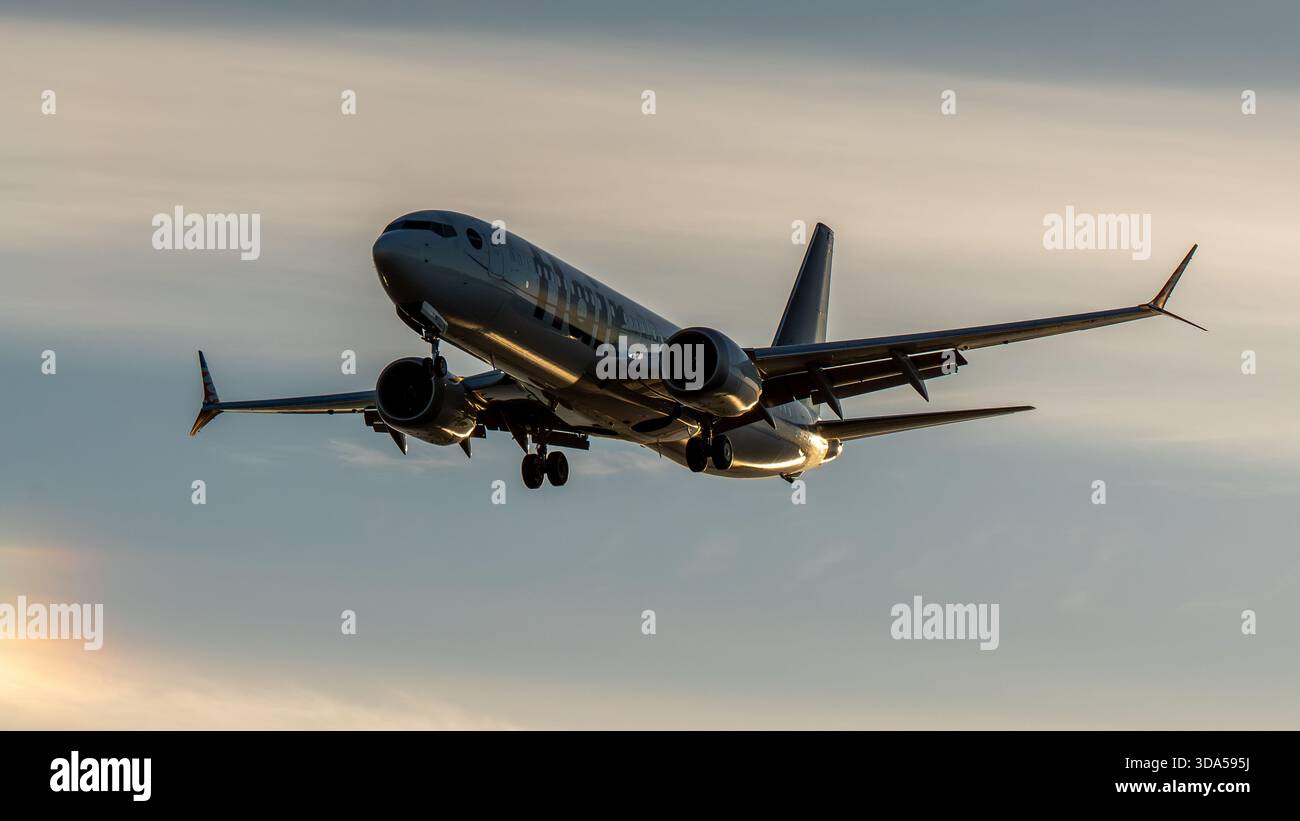 Jet di linea commerciale bimotore all'avvicinamento finale con carrello di atterraggio abbassato, catturato durante l'ora d'oro con una spettacolare retroilluminazione e un cielo al tramonto. Foto Stock
