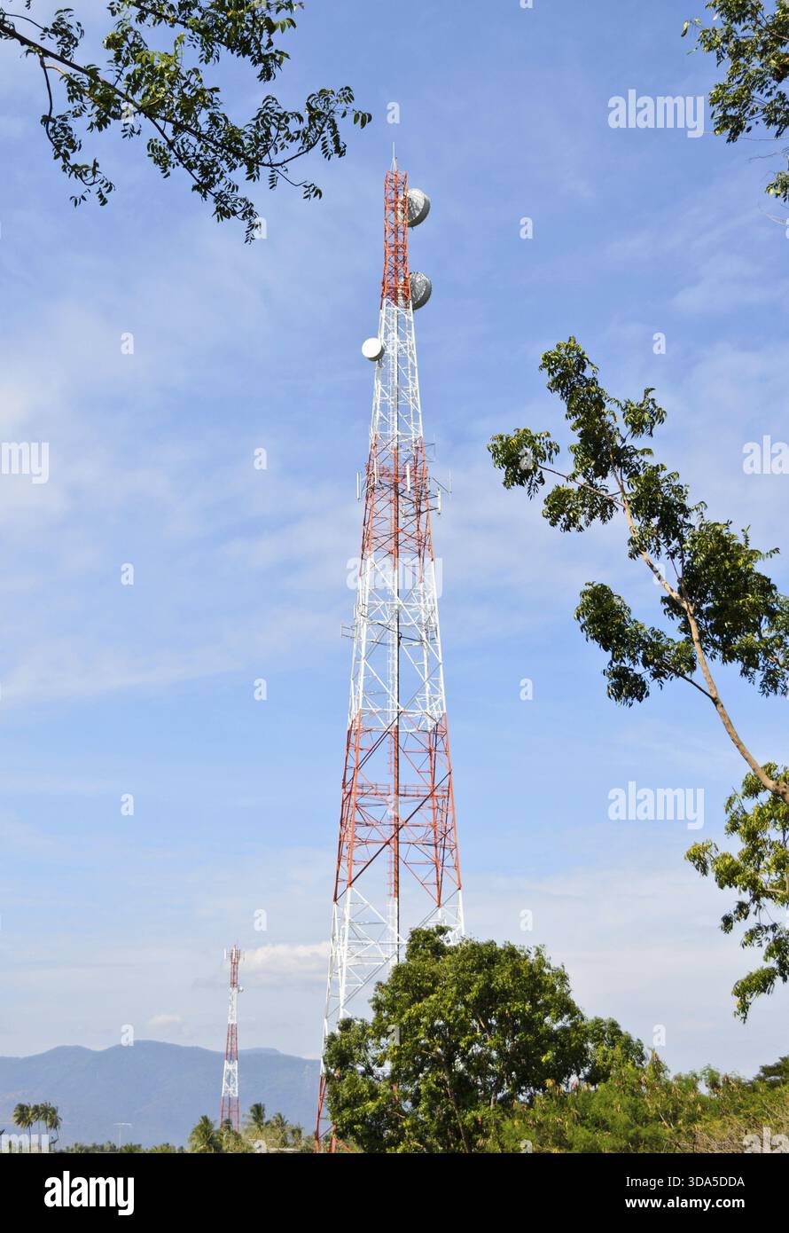 Torre segnale relè e albero sul cielo blu sullo sfondo Foto Stock