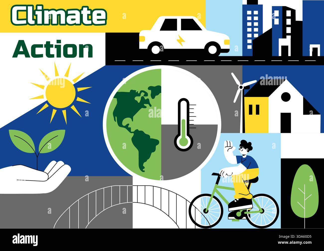 Illustrazione del vettore dell'azione per il clima che presenta l'ambiente globale della Terra con un'implementazione sostenibile che influisce sull'inquinamento degli ecosistemi in un contesto Illustrazione Vettoriale