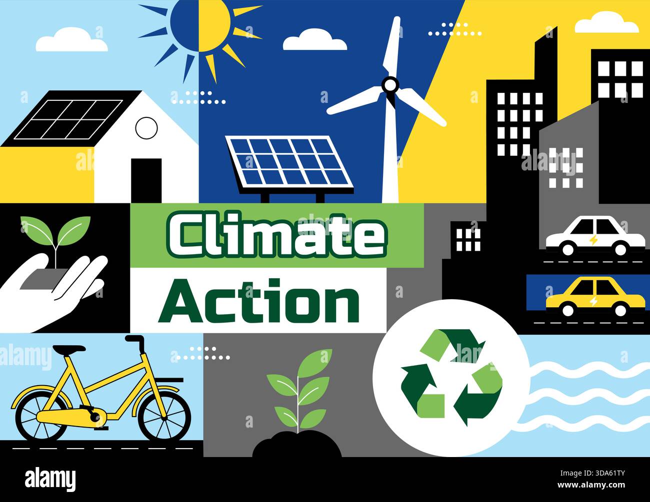 Illustrazione del vettore dell'azione per il clima che presenta l'ambiente globale della Terra con un'implementazione sostenibile che influisce sull'inquinamento degli ecosistemi in un contesto Illustrazione Vettoriale