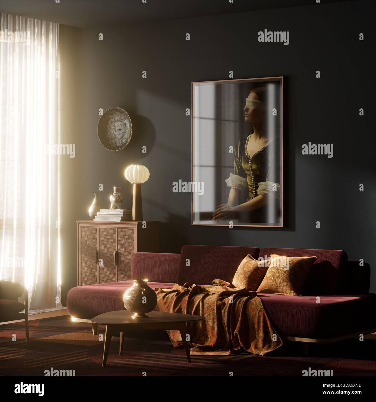 Interni moderni e lussuosi, con un divano contemporaneo, ritratti artistici delle pareti, luce soffusa cinematografica e un'elegante atmosfera di alta qualità per lo stile Foto Stock