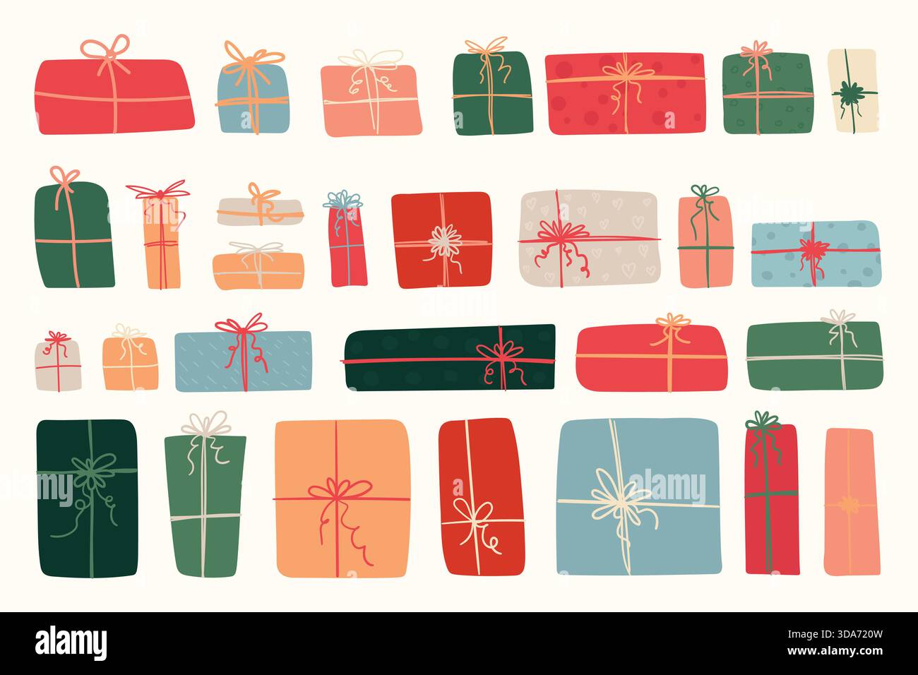 Set di regali di Natale disegnati a mano. Confezione regalo colorata Doodle. Le festività natalizie presentano la collezione Illustrazione Vettoriale