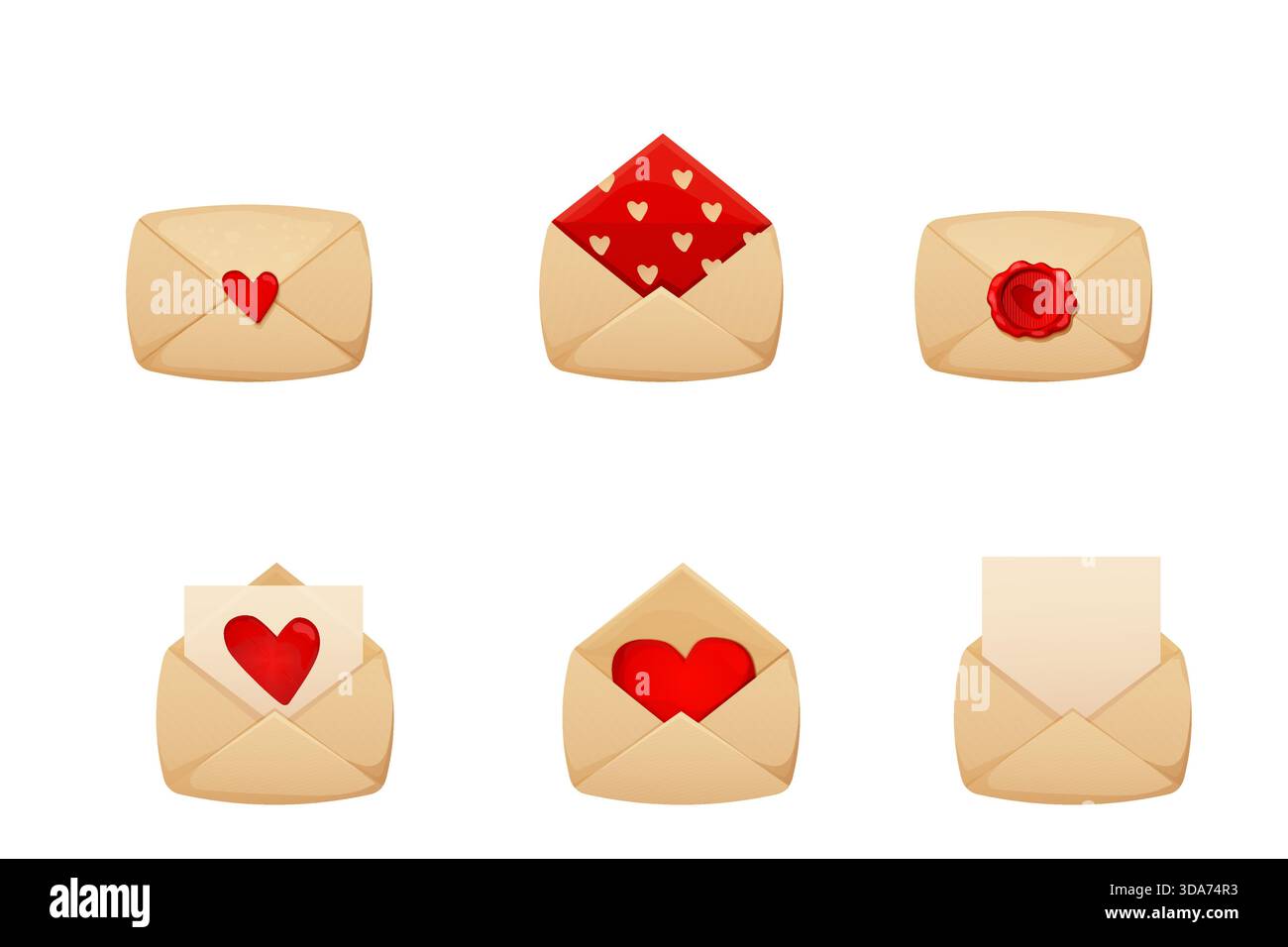 Lettera d'amore a busta retrò, buste romantiche aperte e chiuse con biglietti, lettere, vari elementi. Vintage coquette giorno dell'amore o ricevimento di nozze. Illustrazione vettoriale Illustrazione Vettoriale